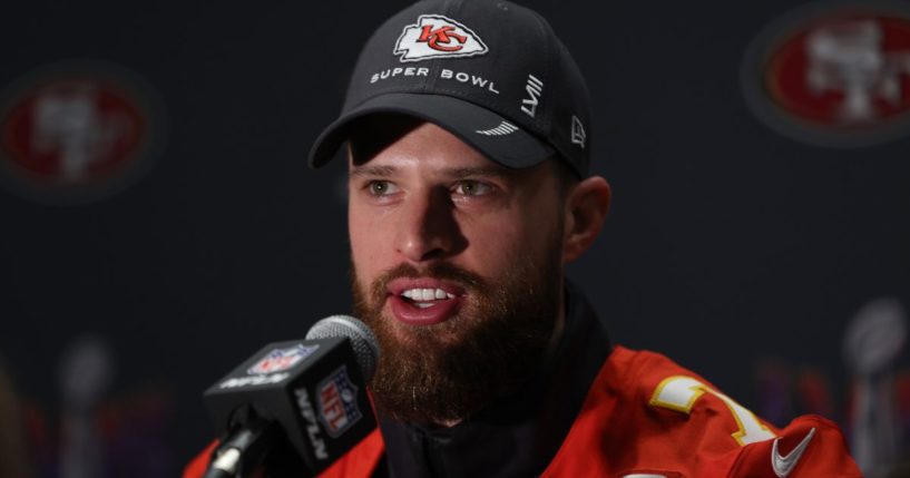 Harrison Butker of the Kansas City Chiefs speaks to the media during Kansas City Chiefs media availability ahead of Super Bowl LVIII in Henderson, Nevada, on Feb. 8.