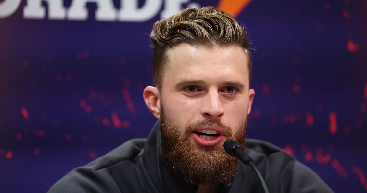 Kansas City Chiefs kicker Harrison Butker speaks with the media during Super Bowl LVIII Opening Night at Allegiant Stadium on February 5, 2024, in Las Vegas, Nevada.