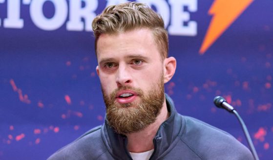 Harrison Butker #7 of the Kansas City Chiefs speaks to media during Super Bowl LVIII Opening Night at Allegiant Stadium in Las Vegas in a file photo from Feb. 5