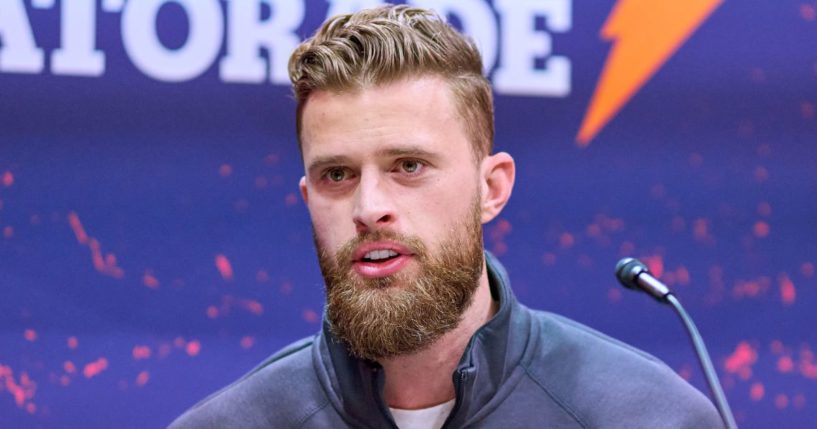 Harrison Butker #7 of the Kansas City Chiefs speaks to media during Super Bowl LVIII Opening Night at Allegiant Stadium in Las Vegas in a file photo from Feb. 5