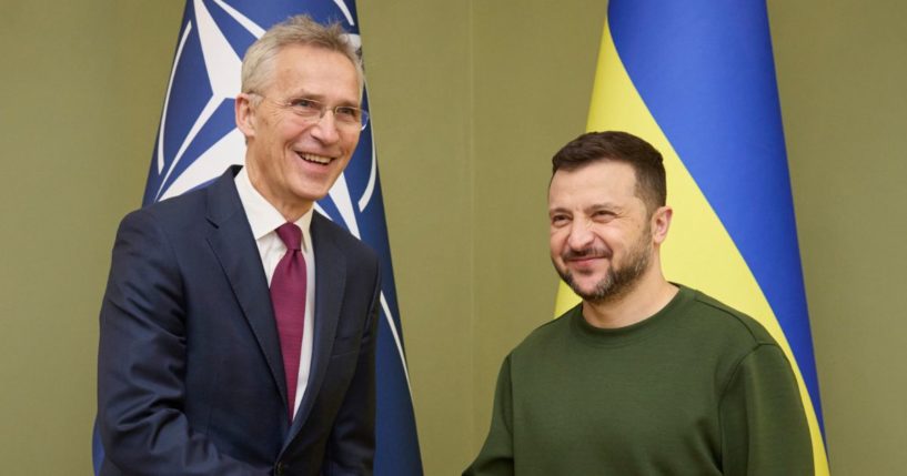 NATO Secretary General Jens Stoltenberg shaking hands with Ukrainian President Volodymyr Zelenskyy