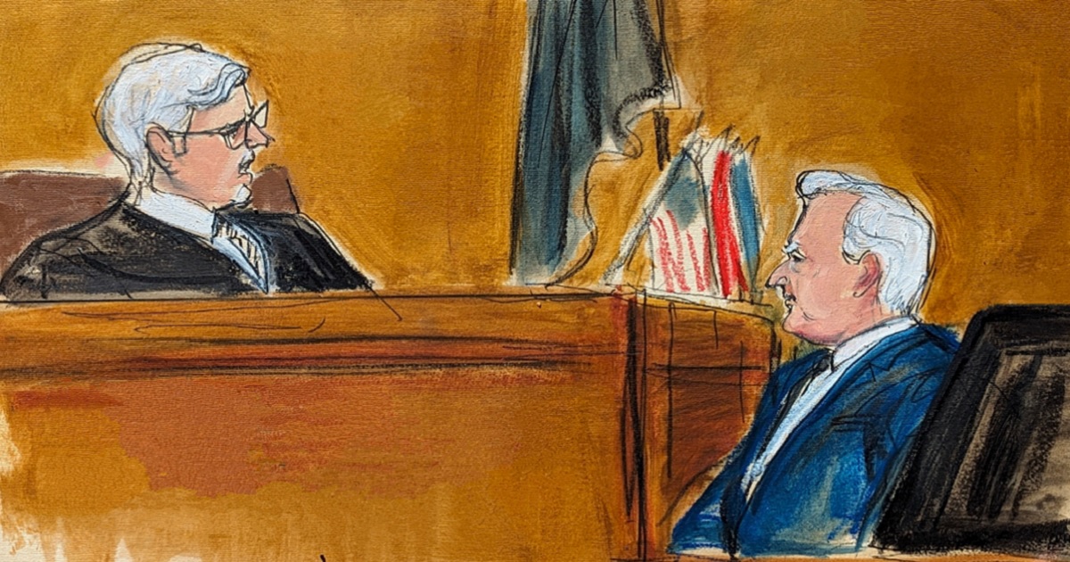 In an artist sketch, Judge Juan Merchan on Monday scolds witness Robert Costello about his "decorum" in the courtroom in Manhattan criminal court.