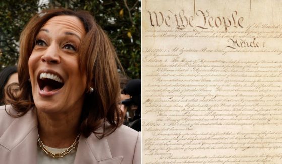 At left, Vice President Kamala Harris greets the children of White House employees during an event marking "Take Our Daughters and Sons to Work Day" on the South Lawn of the White House in Washington on April 25. At right is the first page of the United States Constitution.