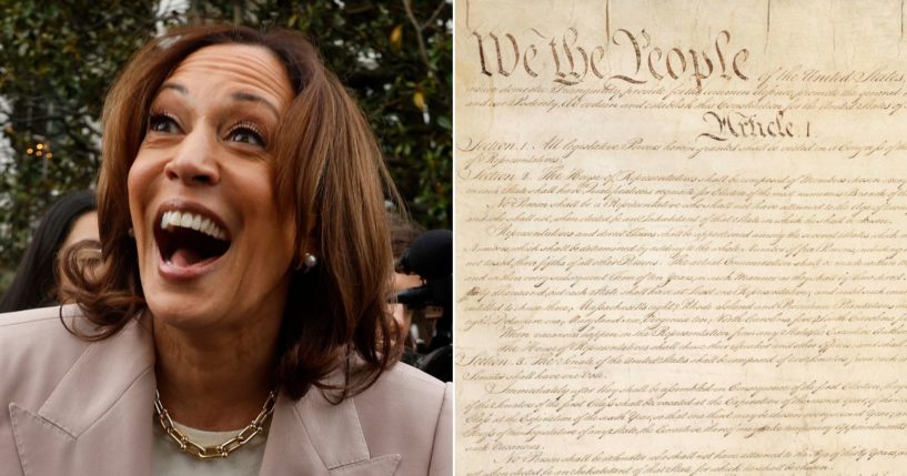 At left, Vice President Kamala Harris greets the children of White House employees during an event marking "Take Our Daughters and Sons to Work Day" on the South Lawn of the White House in Washington on April 25. At right is the first page of the United States Constitution.