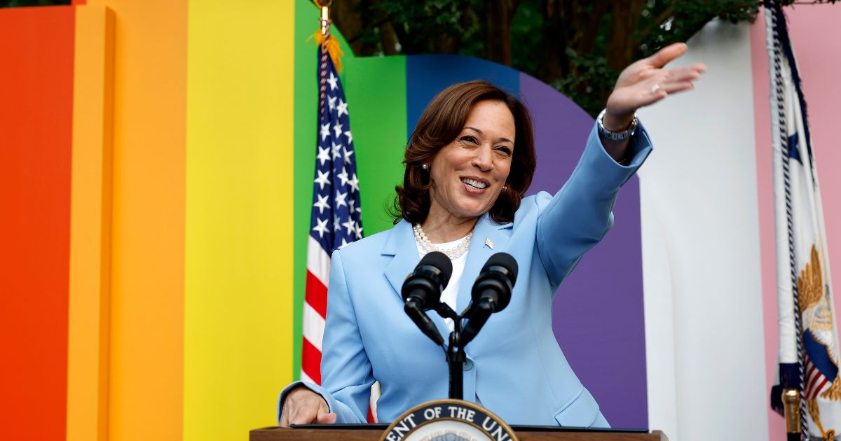 Vice President Kamala Harris onstage hosting a Pride Celebration with GLAAD in Washington, D.C., in 2023.