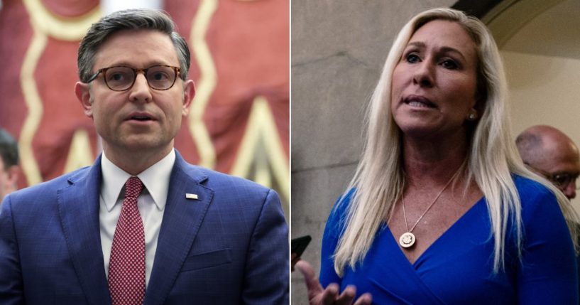 Georgia GOP Rep. Marjorie Taylor Greene, right, forced a vote to remove Rep. Mike Johnson, left, as the house speaker.