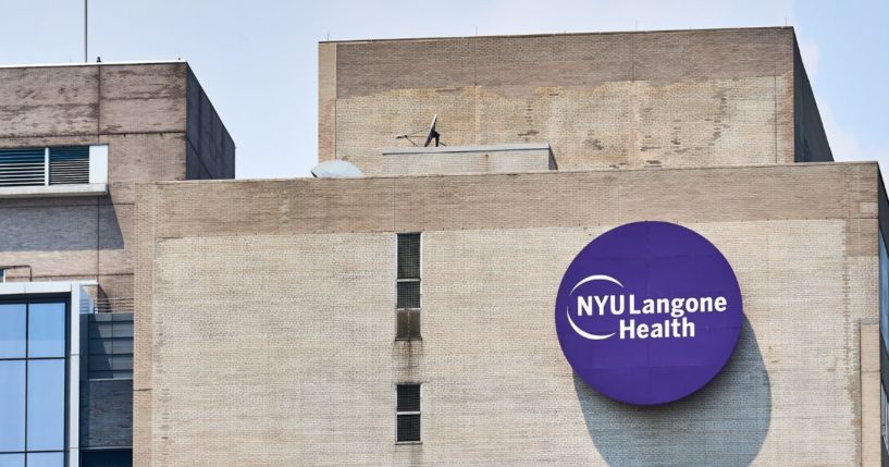 A stock photo shows the NYU Langone Health logo on the hospital in Midtown Manhattan, New York, on July 27, 2021.