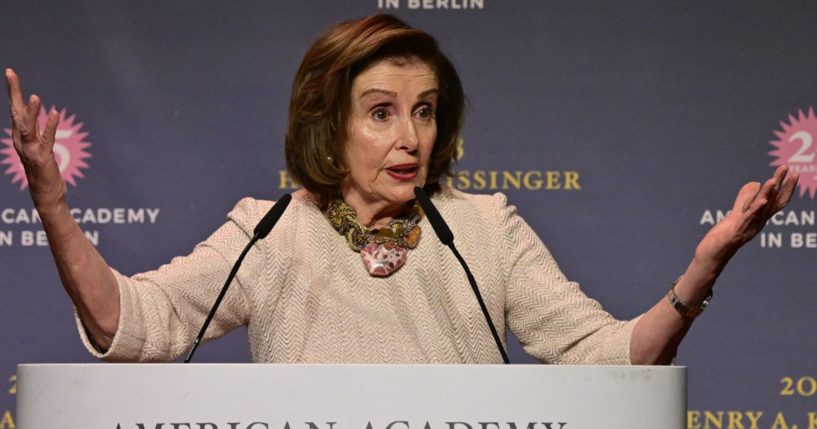 Rep. Nancy Pelosi delivers a laudatio for Jens Stoltenberg, Secretary General of the North Atlantic Treaty Organization, in Berlin, Germany, on Nov. 10.