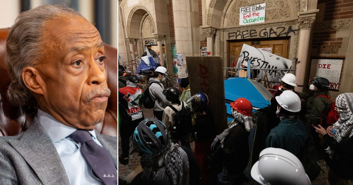 Rev. Al Sharpton, left, seen in a February file photo, compared the violence at college campuses like UCLA, right, to the Capitol incursion of Jan. 6, 2021.