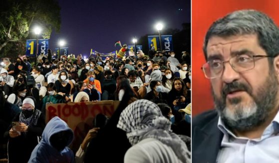 At left, anti-Israel protesters sit on stairs leading to an encampment on the campus of the University of California, Los Angeles on Wednesday. At right is Tehran University professor Foad Izadi.