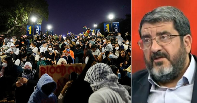 At left, anti-Israel protesters sit on stairs leading to an encampment on the campus of the University of California, Los Angeles on Wednesday. At right is Tehran University professor Foad Izadi.