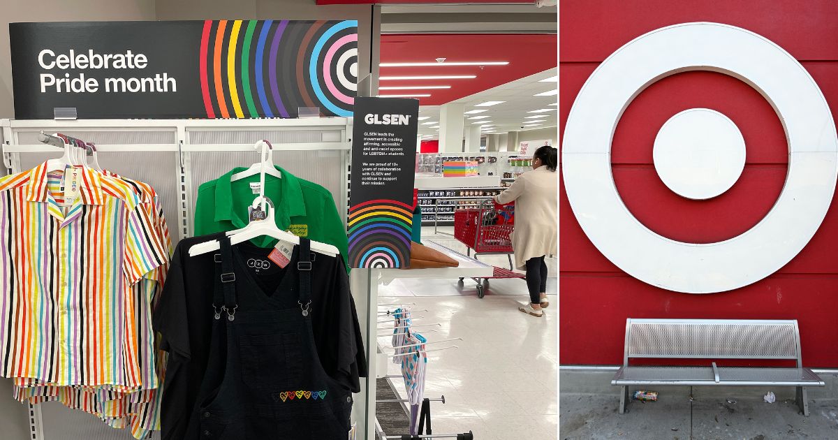 "Pride Month" merchandise is displayed at a Target store in San Francisco in a file photo from May 31, 2023, left. Target is reportedly planning much smaller, more subdued "pride" displays this year after consumer backlash to the promotion.