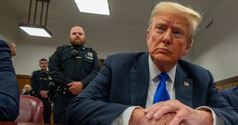 Former President Donald Trump looks on during his trial at Manhattan Criminal Court in New York on Thursday.