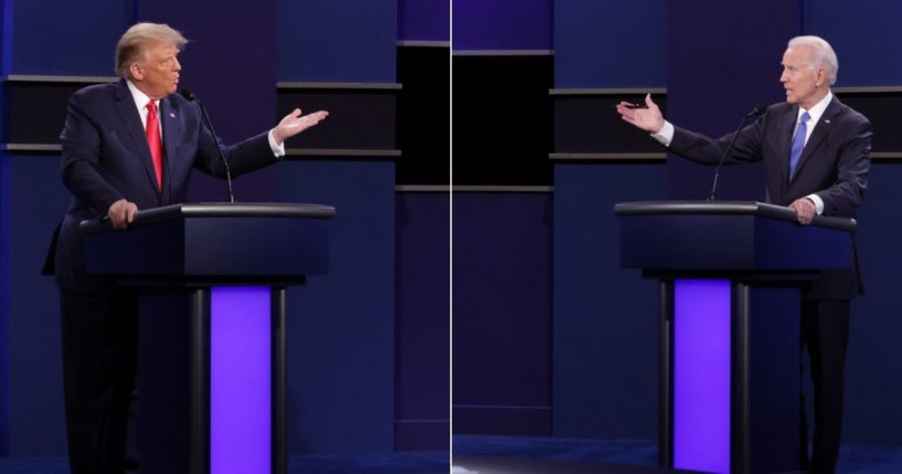 Then-President Donald Trump, left, debates then-Democratic presidential candidate Joe Biden, right, in the final presidential debate at Belmont University in Nashville, Tennessee, on Oct. 22, 2020.