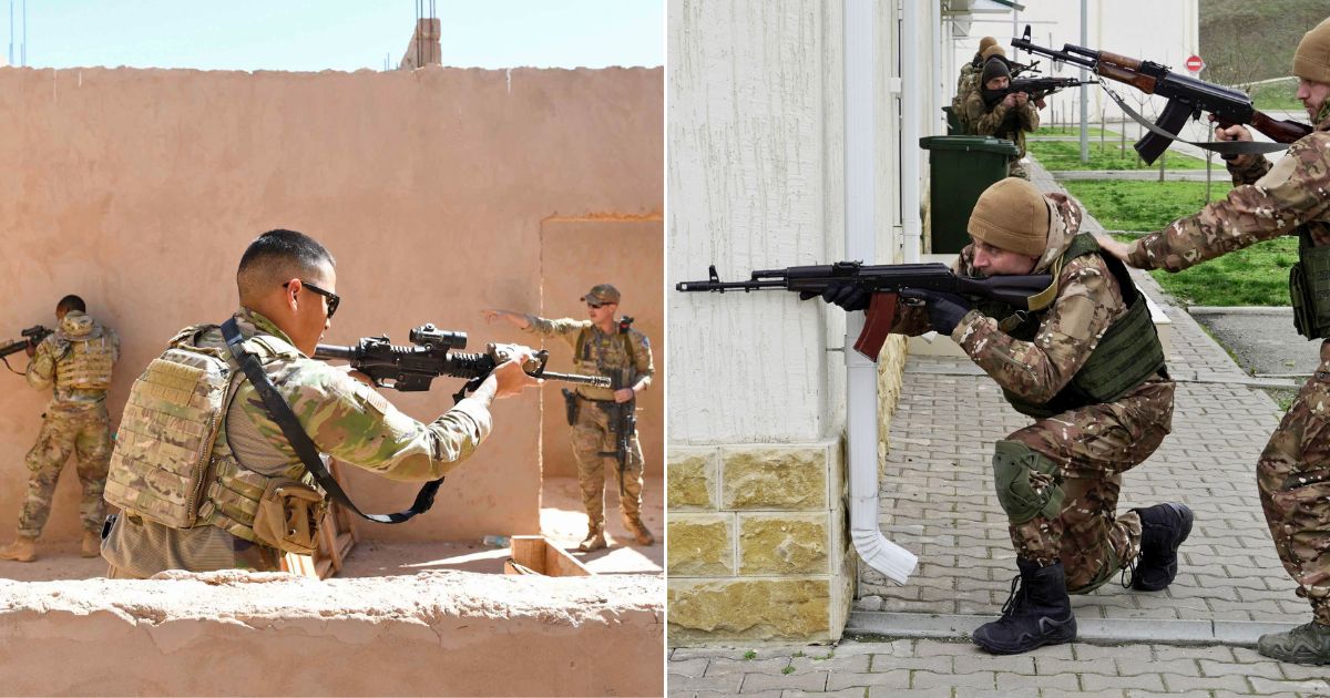 At left, U.S. airmen participate in a close-quarters battle refresher course at Nigerien Air Base 201 in Niger on Feb. 5, 2020. At right, Russian special forces troops take up firing positions as they attend a training session in the town of Gudermes in Chechnya on Dec. 13, 2022.