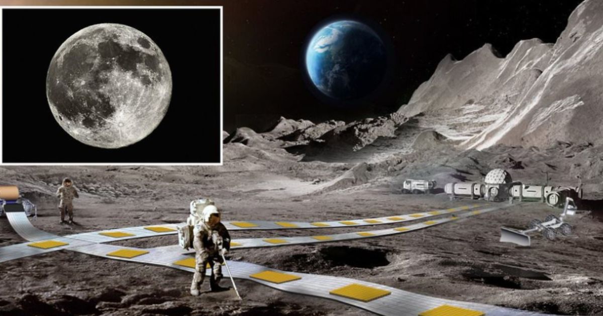 An artist rendering shows a NASA railway concept for the moon, with Earth on the horizon. A separate photo of the moon is shown at upper left.