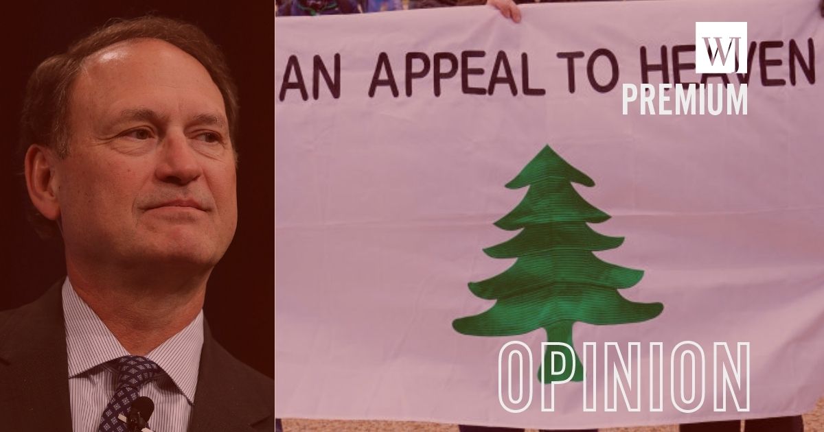 Supreme Court Justice Samuel Alito, left, is facing backlash after his wife reportedly flew the "Appeal to Heaven" flag, right, outside of their New Jersey vacation home.
