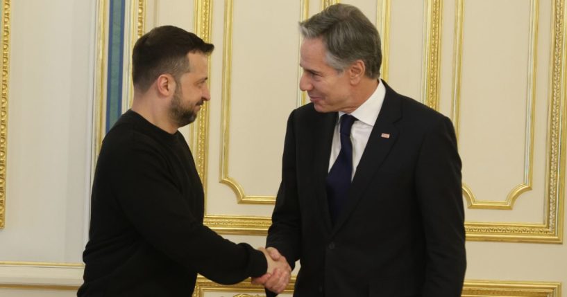 Ukraine President Volodymyr Zelenskyy, left, and U.S. Secretary of State Antony Blinken shake hands during their meeting in Kyiv on May 14.