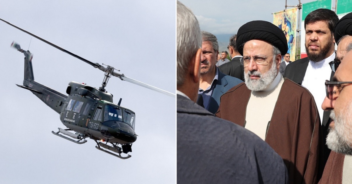 A stock photo of a Bell 212 helicopter, operated by the Italian air force, left; Iranian Prersident Ebrahim Raisi, right.