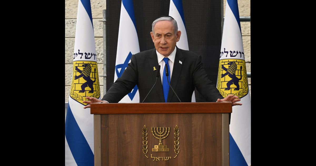 Israeli Prime Minister Benjamin Netanyahu gives a speech during a ceremony on the eve of the Memorial Day for fallen soldiers (Yom HaZikaron), at the Yad LaBanim Memorial in Jerusalem on May 12, 2024.