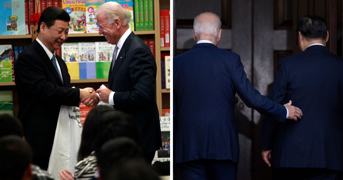 (L) U.S. Vice President Joe Biden and Chinese Vice President Xi Jinping shake hands after receiving gifts and answering students questions in a Mandrin language class at International Studies Learning Center February 16, 2012 in South Gate, California. (R) US President Joe Biden and Chinese President Xi Jinping arrive for a meeting during the Asia-Pacific Economic Cooperation (APEC) Leaders' week in Woodside, California on November 15, 2023.