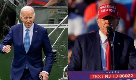 President Joe Biden, left, disembarking a helicopter on the White House lawn; former President Donald Trump, right, speaking at a rally Sunday in New Jersey.