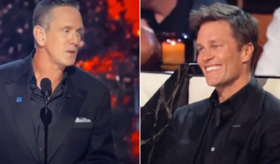 Former NFL quarterback Drew Bledsoe, left; roasts former quarterback Tom Brady, right, at Sunday's "The Greatest Roast of All Time: Tom Brady."