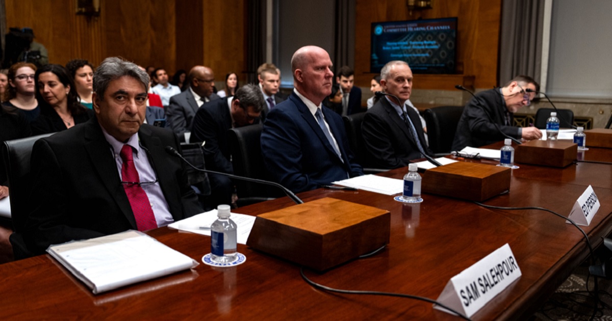 Witnesses testifying at an April hearing of the Senate Homeland Security Committee on about the airplane manufacturer Boeing are, from left, Sam Salehpour,  Boeing engineer; Ed Pierson, former Boeing engineer and founder of the Foundation for Aviation Safety; Joe Jacobsen, former FAA engineer and technical adviser to the Foundation for Aviation Safety; and Shawn Pruchnicki, assistant professor integrated systems engineering at Ohio State University.