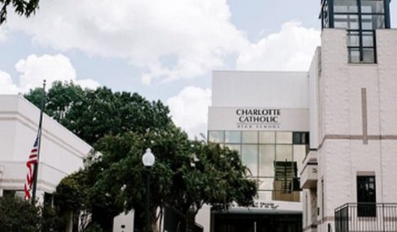 An exterior view of Charlotte Catholic High School in Charlotte, North Carolina.