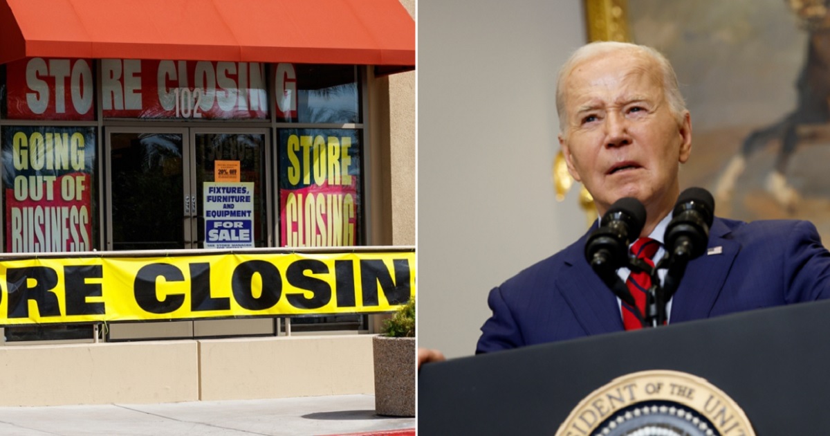 A stock photo of a store going out of business, left; President Joe Biden pictured speaking in the White House on Thursday, right.