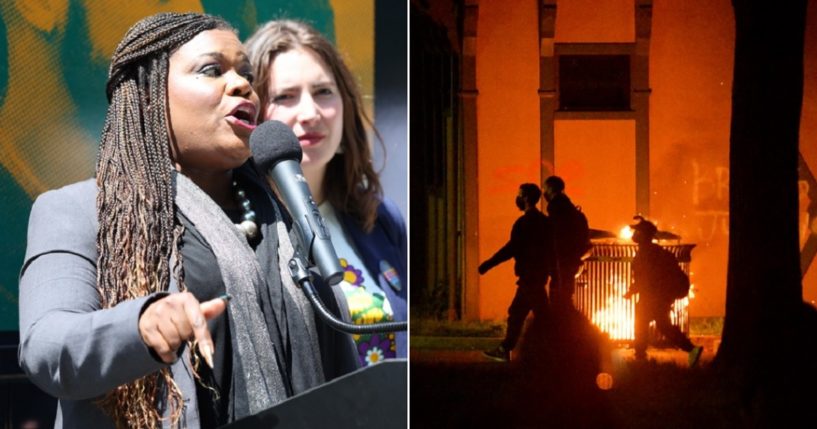 U.S. Rep. Cori Bush, pictured in a 2023 file photo, left; right, a scene from a 2020 riot in Boston over the death of George Floyd in police custody in Minneapolis.