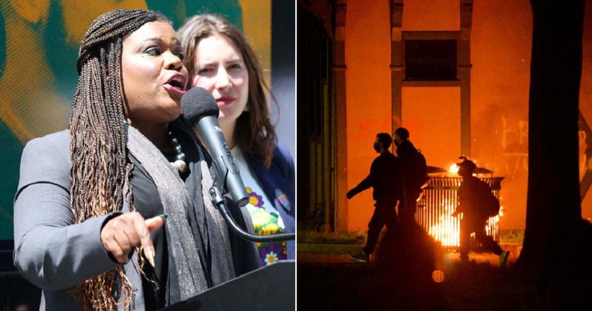 U.S. Rep. Cori Bush, pictured in a 2023 file photo, left; right, a scene from a 2020 riot in Boston over the death of George Floyd in police custody in Minneapolis.