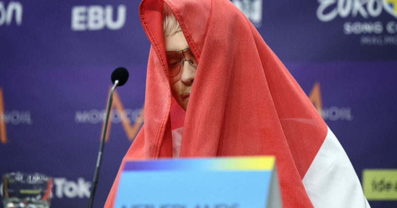 Joost Klein who represented the Netherlands, gestures during a news conference after the second semi-final of the Eurovision Song Contest, at the Malmo Arena, in Malmo, Sweden, on Thursday.