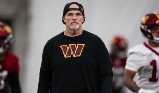 Washington Commanders head coach Dan Quinn looks on Friday during the Commanders minicamp for rookie players at OrthoVirginia Training Center in Ashburn, Virginia.