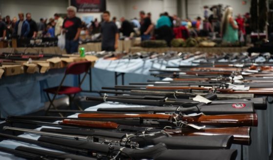 Weapons are on display in a Kansas City, Kansas, gun show in Kansas City, Kansas, in 2016.