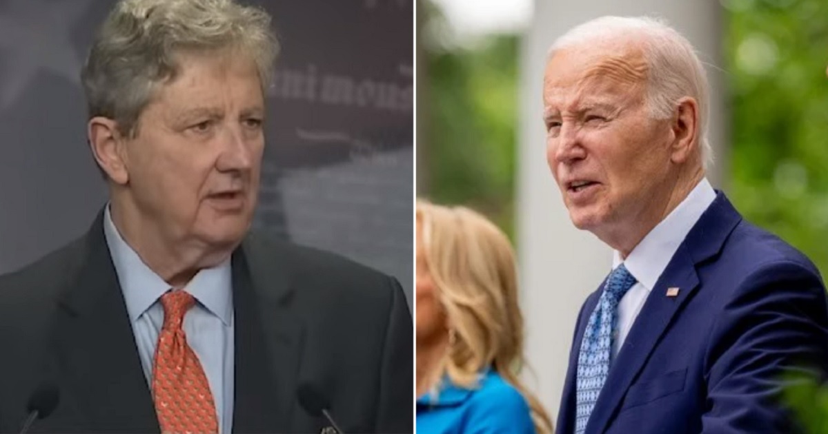 U.S. Sen. John Kennedy of Louisiana, left, at a news conference Wednesday; President Joe Biden, right, at the White House on Sunday.