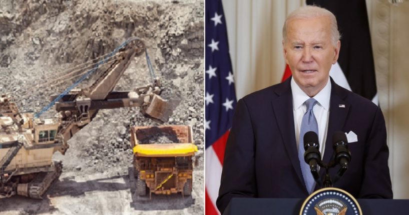 President Joe Biden, right, and his administration have continually pushed for the use of electric vehicles, but the reality of copper mining, as depicted left, may stop their ideological dreams in their tracks.