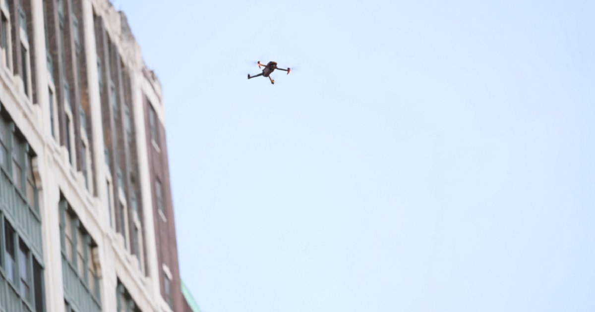 A New York Police Department drone hovers over anti-Israel activists during a Global Strike for Gaza event in December in New York.