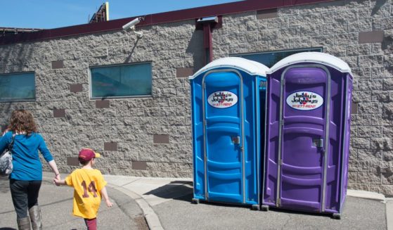 A purple port-a-potty was put into service at the Electric Fetus, one of Prince's favorite record stores, during record day on the one-year anniversary of Prince's death in Minneapolis, MN, April 22, 2017.