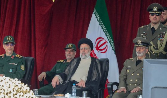 Iran's President Ebrahim Raisi attends a military parade alongside high-ranking officials and commanders during a ceremony marking the country's annual army day on April 17, 2024. in Tehran, Iran.