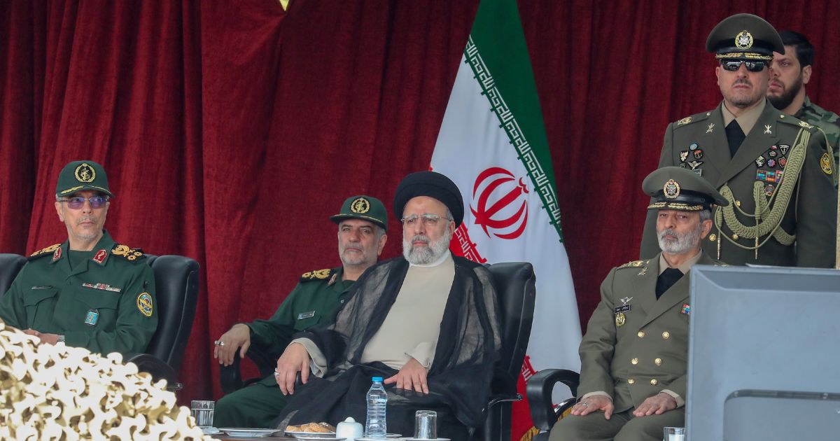 Iran's President Ebrahim Raisi attends a military parade alongside high-ranking officials and commanders during a ceremony marking the country's annual army day on April 17, 2024. in Tehran, Iran.