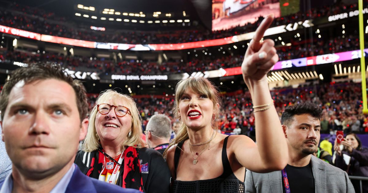 Donna Kelce and Taylor Swift celebrate after Super Bowl LVIII against the San Francisco 49ers at Allegiant Stadium on February 11, 2024 in Las Vegas, NV.