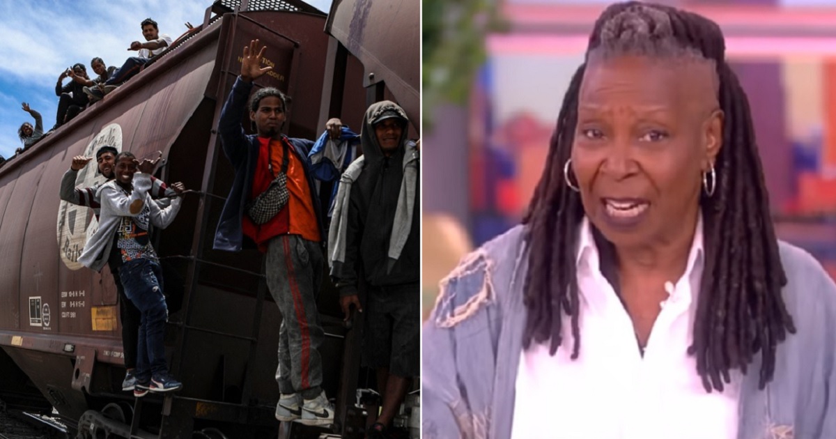 Left: Migrants travel illegally aboard a Mexican train known as "The Beast" as they arrive at Ciudad Juarez, Mexico, en route to crossing the U.S. border illegally. Right, "The View" co-host Whoopi Goldberg on Wednesday's episode.