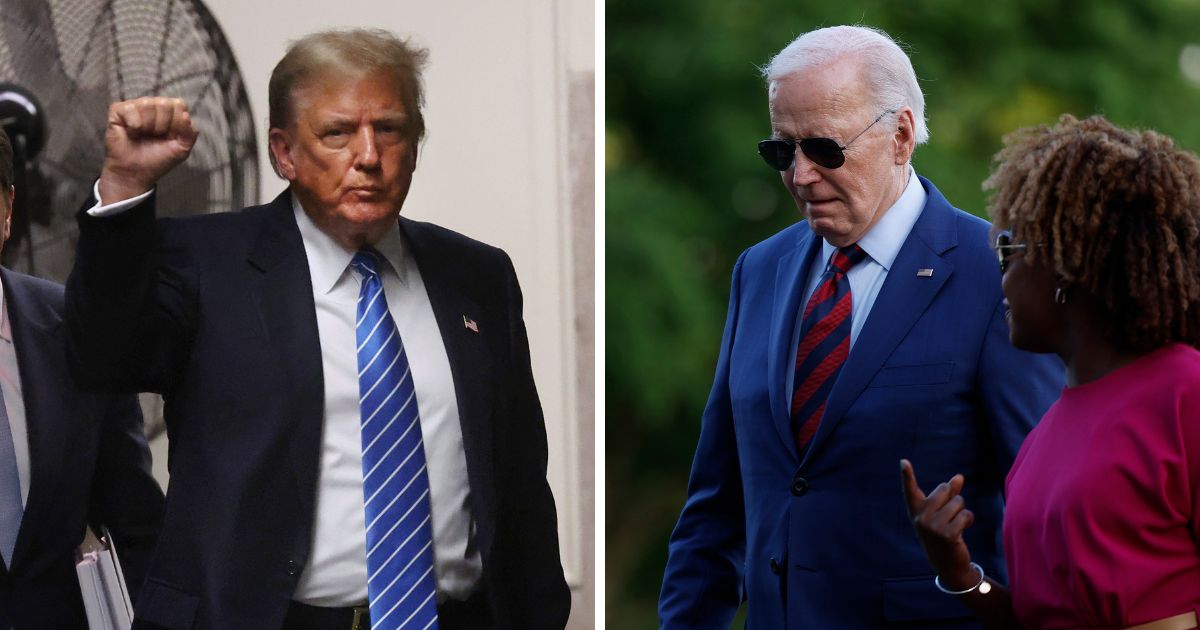 (L) Former U.S. President Donald Trump and attorney Todd Blanche (not pictured) return from a break during his trial for allegedly covering up hush money payments at Manhattan Criminal Court on May 13, 2024 in New York City. (R) U.S. President Joe Biden walks with White House Press Secretary Karine Jean-Pierre as they return to the White House on May 2, 2024 in Washington, DC.