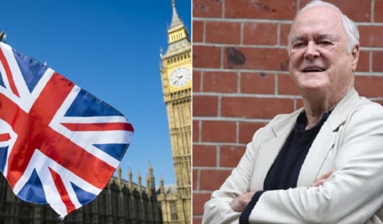 The flag of the United Kingdom flies over London with Big Ben in the background, left; right, British comedian John Cleese.