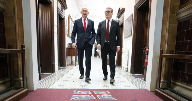 Labour Party leader Keir Starmer and shadow Defence Secretary John Healey visit the Fusilier Museum in Bury, England, during a campaign stop on Monday.