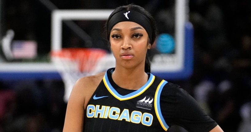 The Chicago Sky's Angel Reese waits for play to resume during a home game against the New York Liberty on June 4.