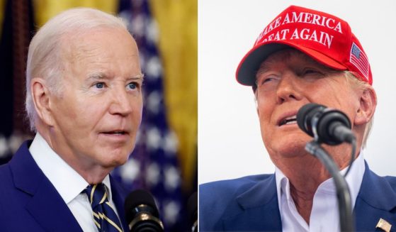 At left, President Joe Biden speaks in the East Room of the White House in Washington on June 4. At right, Republican presidential candidate and former President Donald Trump speaks during his campaign rally at Sunset Park in Las Vegas on Sunday.