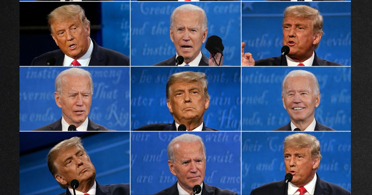 This combination of pictures shows then-President Donald Trump and then-Democratic presidential candidate and former Vice President Joe Biden during the final presidential debate in Nashville, Tennessee, on Oct. 22, 2020.