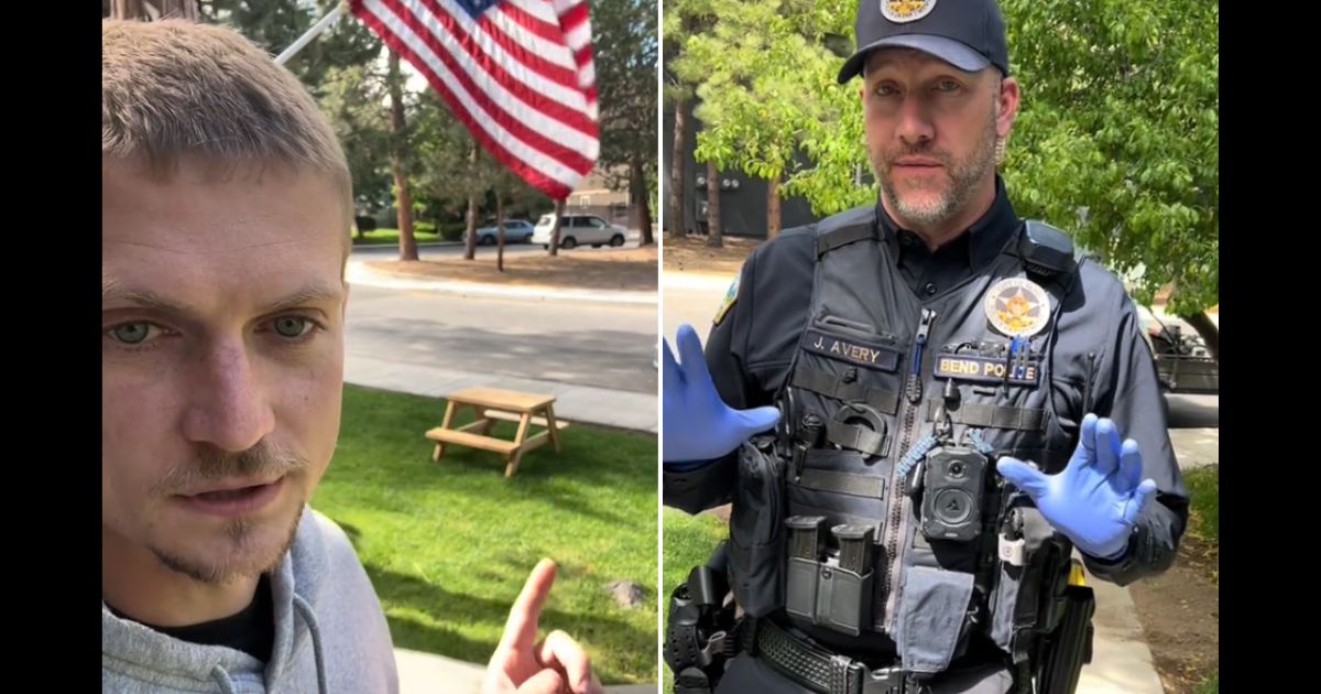 An angry father talks to a police office in Bend, Oregon.